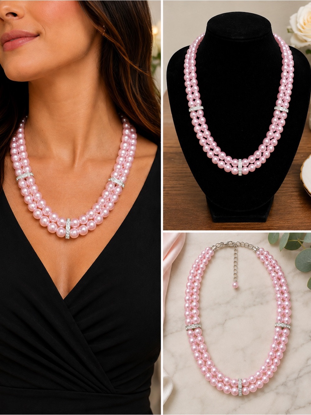 Double Strand Pink Pearl Necklace with Rhinestone Accents
